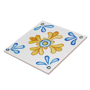 Mediterranean Blue Yellow Tile Watercolor Painted