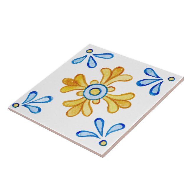 Mediterranean Blue Yellow Tile Watercolor Painted  (Side)