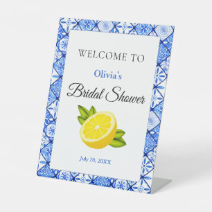 Mediterranean BlueTile Lemon Bridal Shower Welcome Pedestal Sign