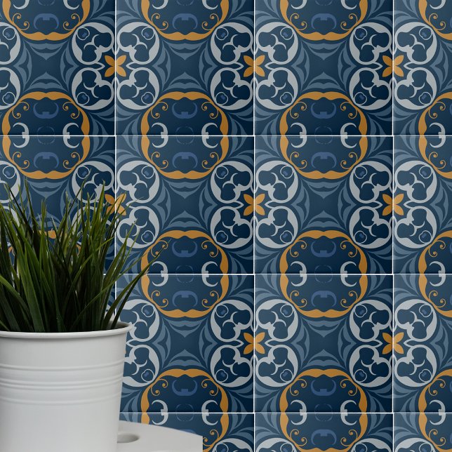 Mediterranean Boho Dark Blue & Orange Gold Pattern Ceramic Tile (Creator Uploaded)