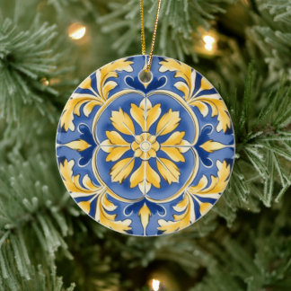 Mediterranean Botanical Pattern - Blue and Yellow Ceramic Ornament