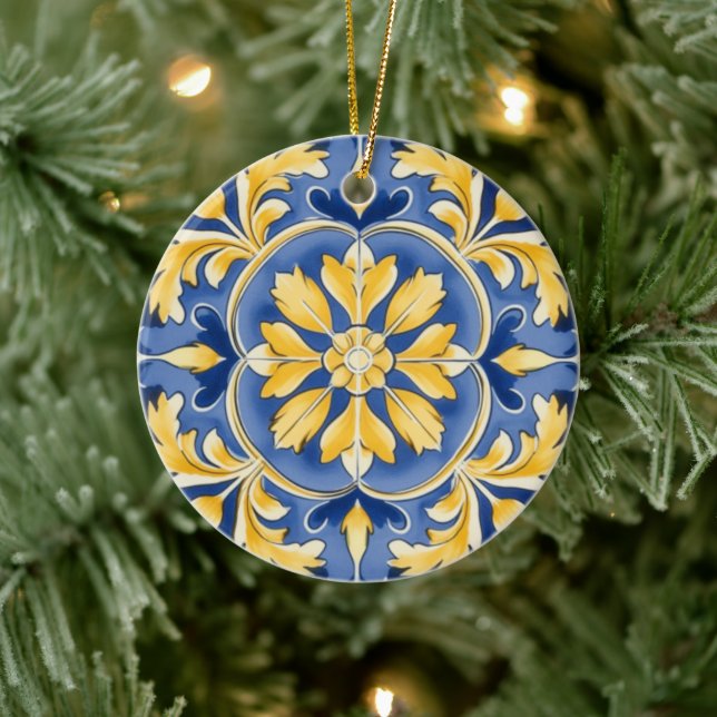 Mediterranean Botanical Pattern - Blue and Yellow Ceramic Ornament (Tree)