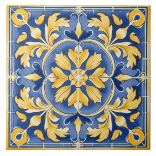 Mediterranean Botanical Pattern _ Blue and Yellow Ceramic Tile