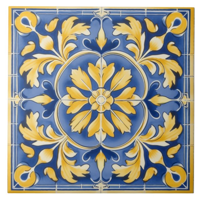 Mediterranean Botanical Pattern - Blue and Yellow Ceramic Tile (Front)