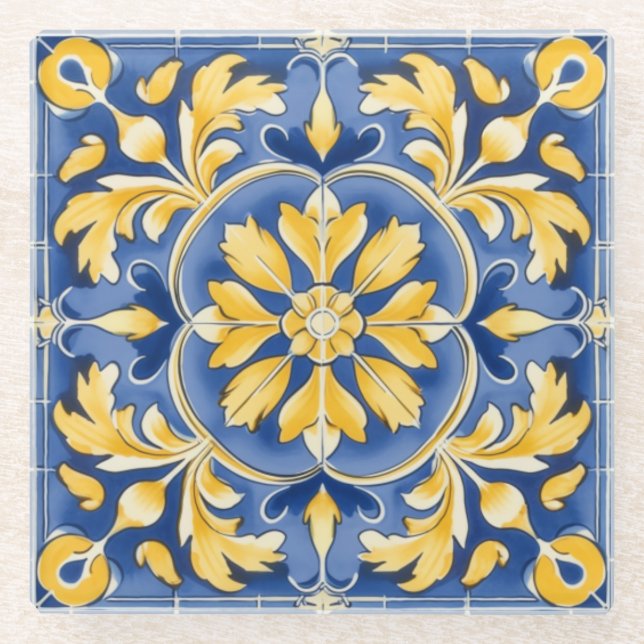 Mediterranean Botanical Pattern - Blue and Yellow Glass Coaster (Front)
