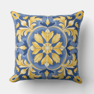 Mediterranean Botanical Pattern - Blue and Yellow Outdoor Pillow