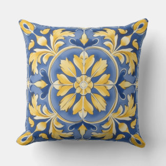 Mediterranean Botanical Pattern - Blue and Yellow Outdoor Pillow