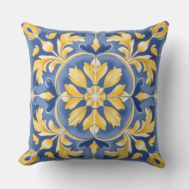 Mediterranean Botanical Pattern - Blue and Yellow Outdoor Pillow (Front)