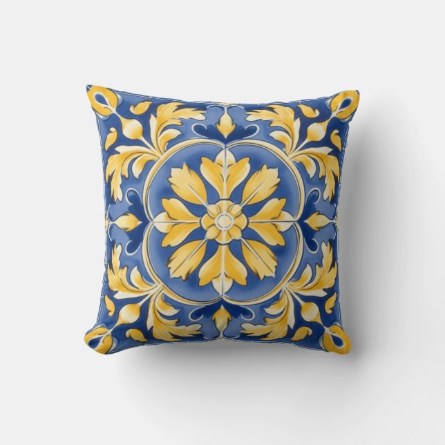 Mediterranean Botanical Pattern - Blue and Yellow  Throw Pillow (Front)