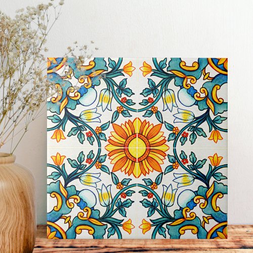 Mediterranean Botanical Patterned Ceramic Tile