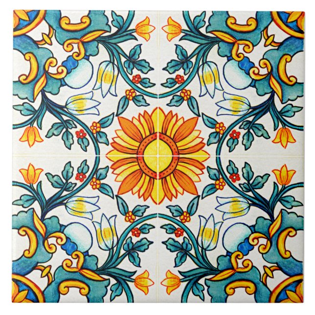 Mediterranean Botanical Patterned Ceramic Tile (Front)