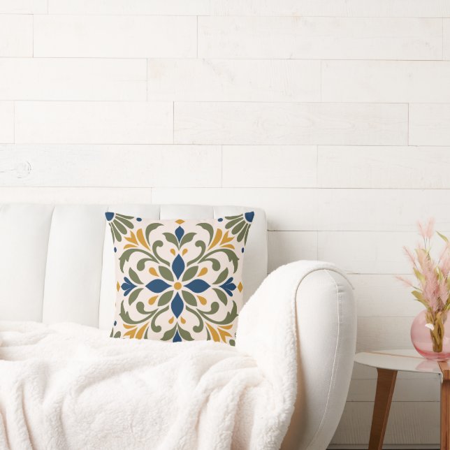 Mediterranean Botanical Tile Throw Pillow (Couch)
