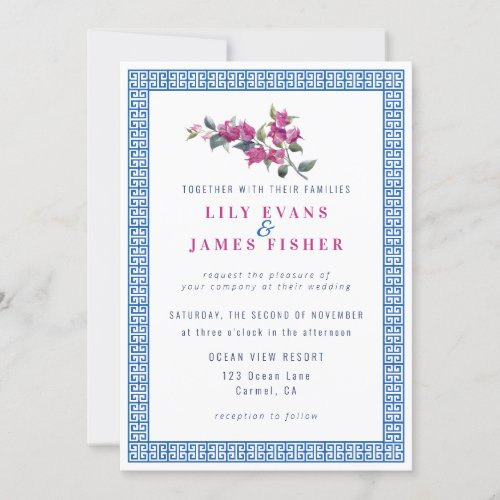 Mediterranean Bougainvillea Greek Key Invitation