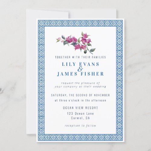 Mediterranean Bougainvillea Greek Key Invitation