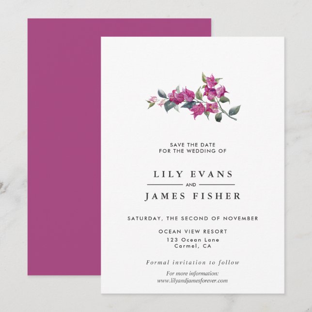 Mediterranean Bougainvillea Pink Save the Date Inv Invitation (Front/Back)