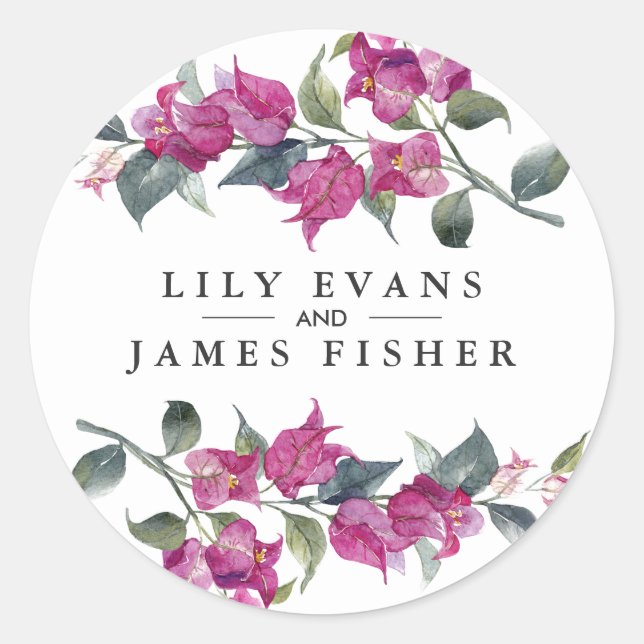 Mediterranean Bougainvillea Wedding Favor Stickers (Front)