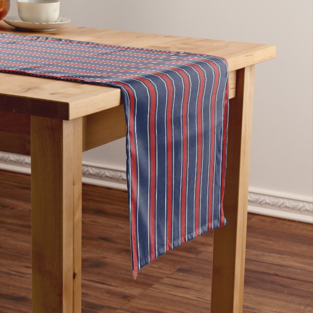 Mediterranean Cabana Stripe Navy & Circus Red Short Table Runner (In Situ)