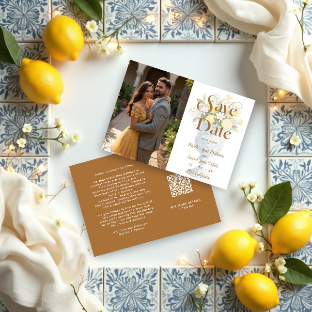 Mediterranean Chic Floral Classic Chalice Lemons Save The Date (Mediterranean Cheerful Floral Classic Chalice Lemons & Flowers Wedding Save the Date Cards.)