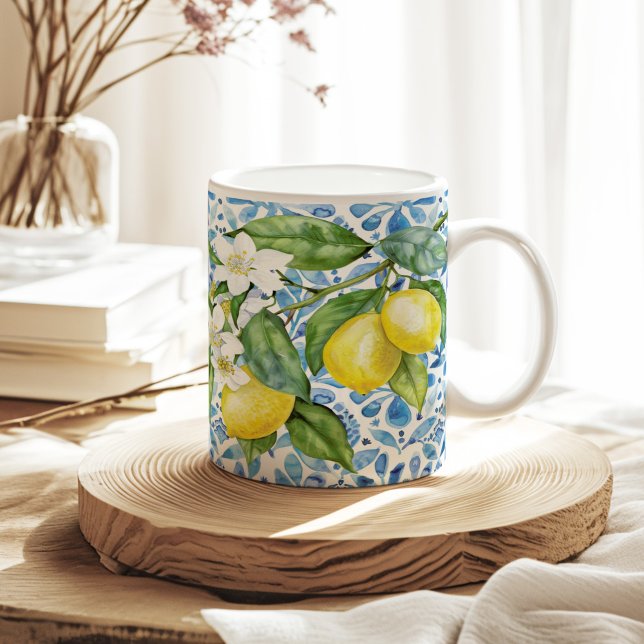 Mediterranean Citrus and Blue Tiles Coffee Mug (Mediterranean Citrus and Blue Tiles Coffee Mug on a neutral sunny boho kitchen table.)