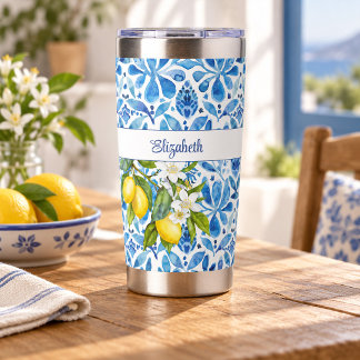 Mediterranean Citrus and Blue Tiles Custom Name Insulated Tumbler