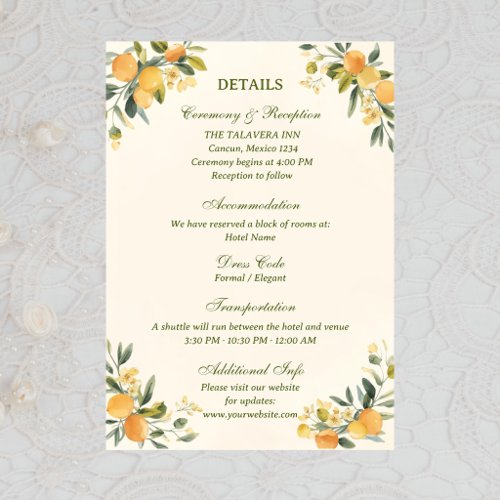 Mediterranean Citrus Botanical Wedding Enclosure Card