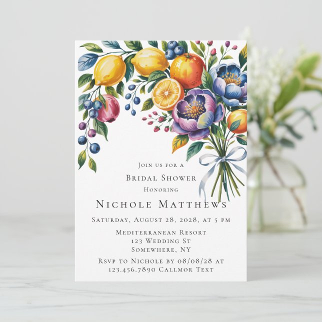 Mediterranean Citrus Bouquet Bridal Shower Invitation (Standing Front)