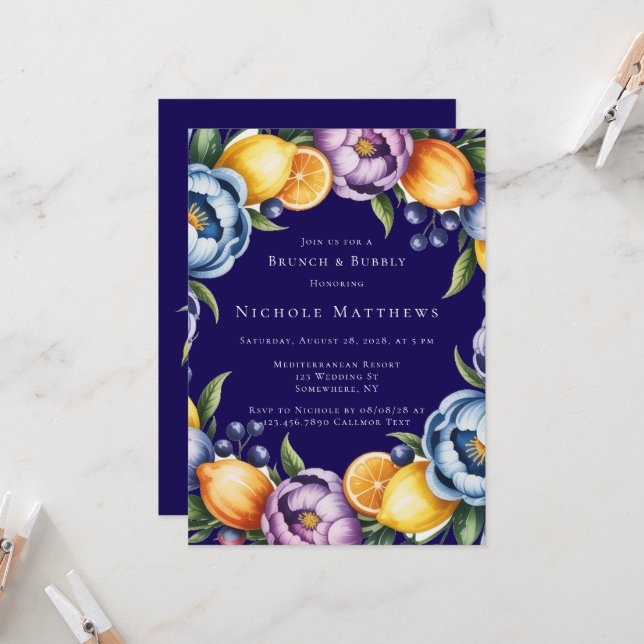 Mediterranean Citrus Bouquet Brunch & Bubbly Invitation (Front/Back In Situ)