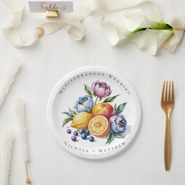 Mediterranean Citrus Bouquet Wedding Paper Plates (Wedding)