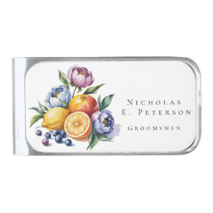 Mediterranean Citrus Bouquet Wedding Party Favor Silver Finish Money Clip