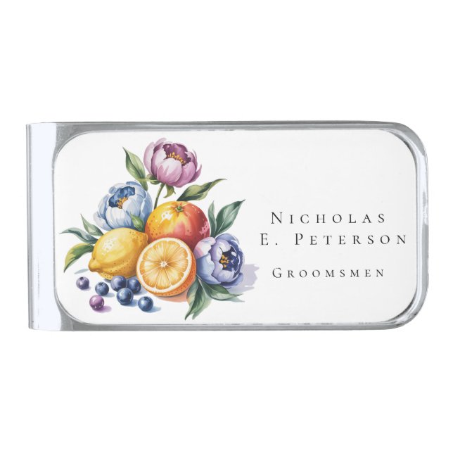 Mediterranean Citrus Bouquet Wedding Party Favor Silver Finish Money Clip (Front)