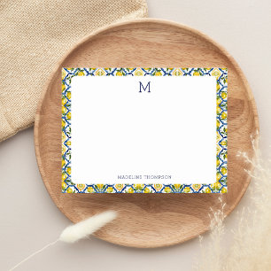 Mediterranean Citrus Lemon Monogram Blue Note Card