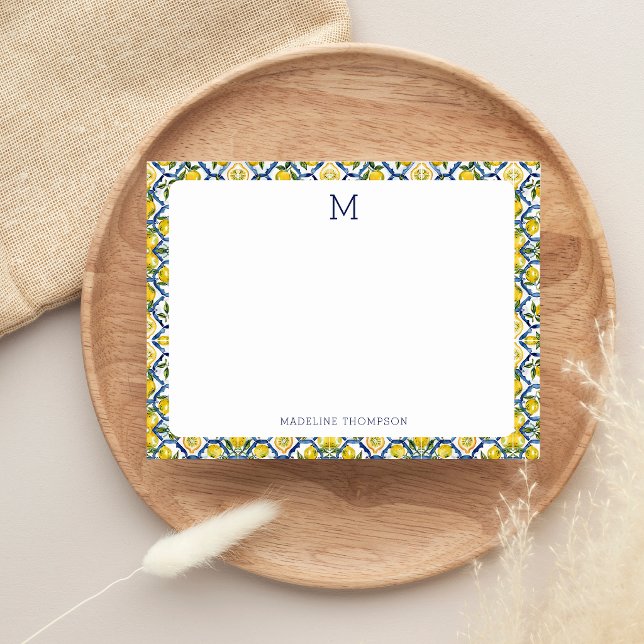 Mediterranean Citrus Lemon Monogram Blue Note Card (Creator Uploaded)