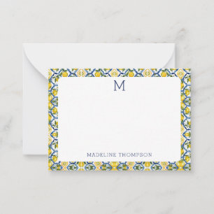 Mediterranean Citrus Lemon Monogram Blue Note Card
