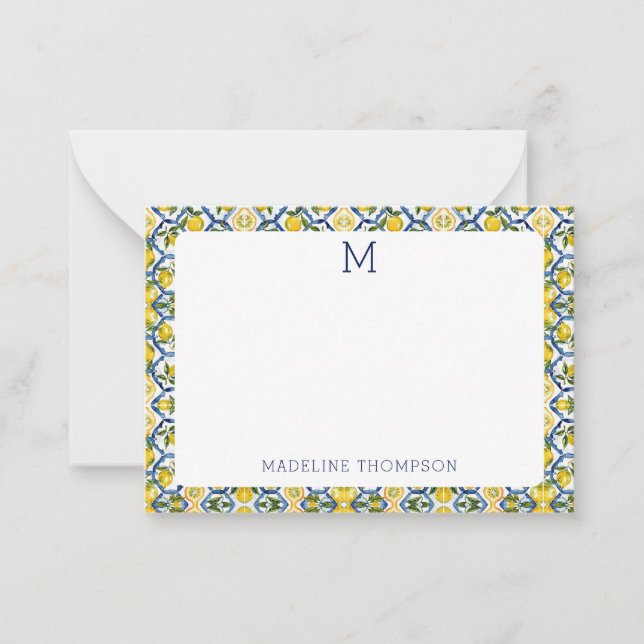 Mediterranean Citrus Lemon Monogram Blue Note Card (Front)