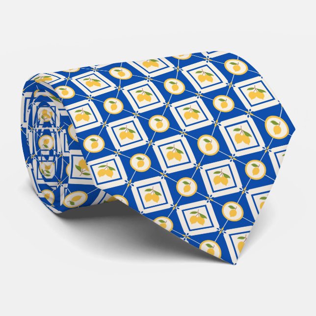 Mediterranean Citrus Lemon Pattern Neck Tie (Rolled)