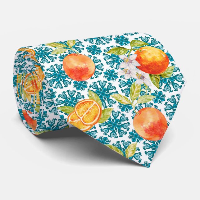 Mediterranean Citrus Lemon Pattern Neck Tie (Rolled)