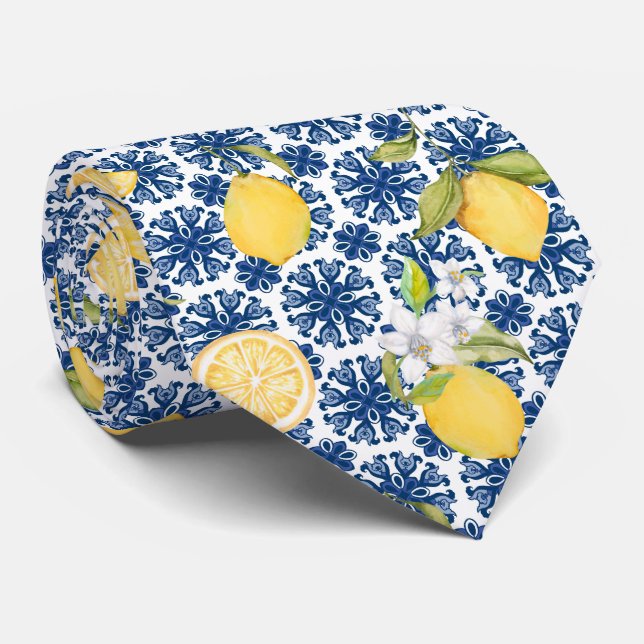 Mediterranean Citrus Lemon Pattern Neck Tie (Rolled)