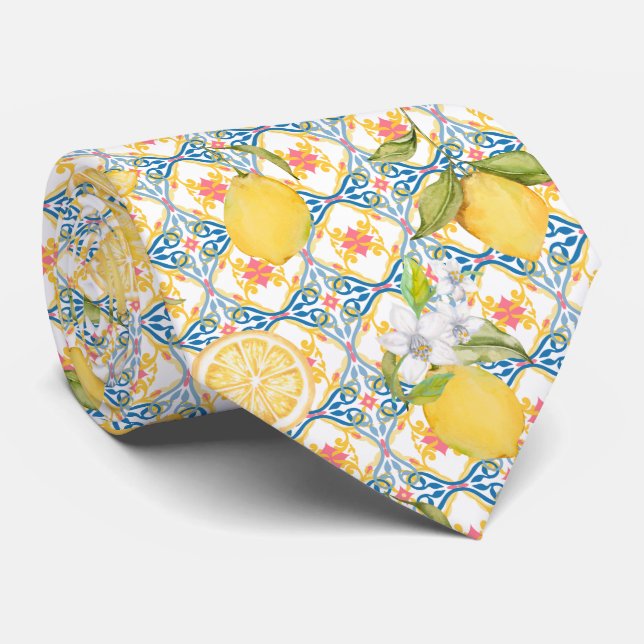 Mediterranean Citrus Lemon Pattern Neck Tie (Rolled)