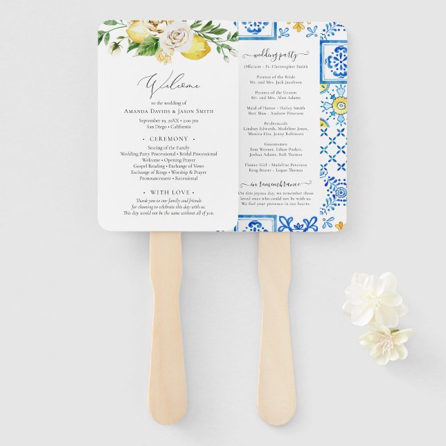 Mediterranean Citrus Wedding Ceremony Program Hand Fan (Front and Back)