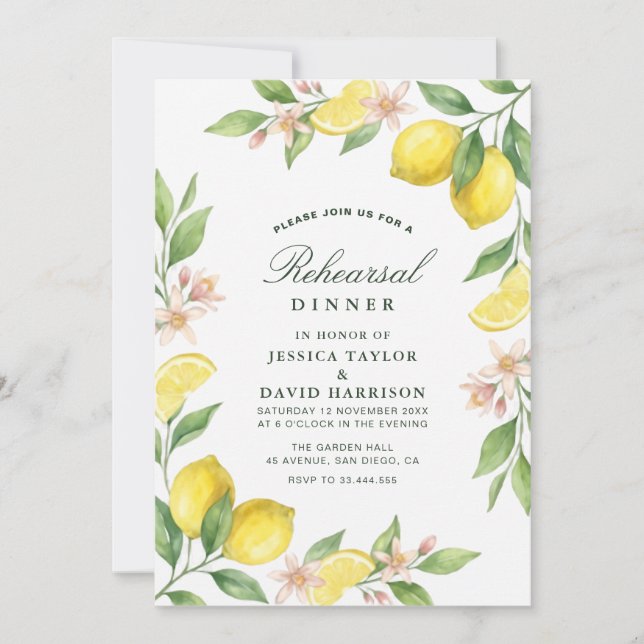 Mediterranean Citrus Wreath Rehearsal Dinner Invitation (Front)