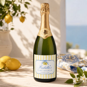 Mediterranean Citrus Yellow Neutral Baby Shower Sparkling Wine Label