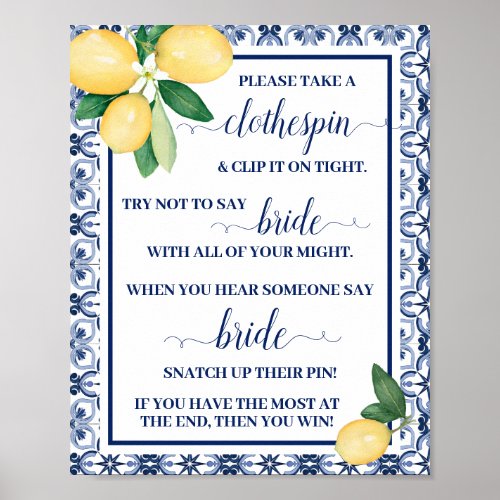 Mediterranean Clothespin Bridal Shower Game Sign