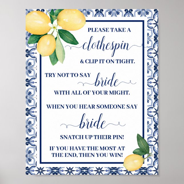 Mediterranean Clothespin Bridal Shower Game Sign (Front)