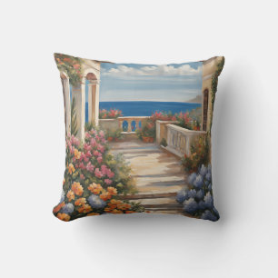 Mediterranean Coast Sea View With Flowers Throw Pillow