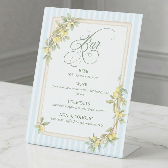 Mediterranean Coastal Lemon Wedding Bar Pedestal Sign (elegant classic mediterranean lemon coastal pale blue stripe wedding reception bar menu sign)