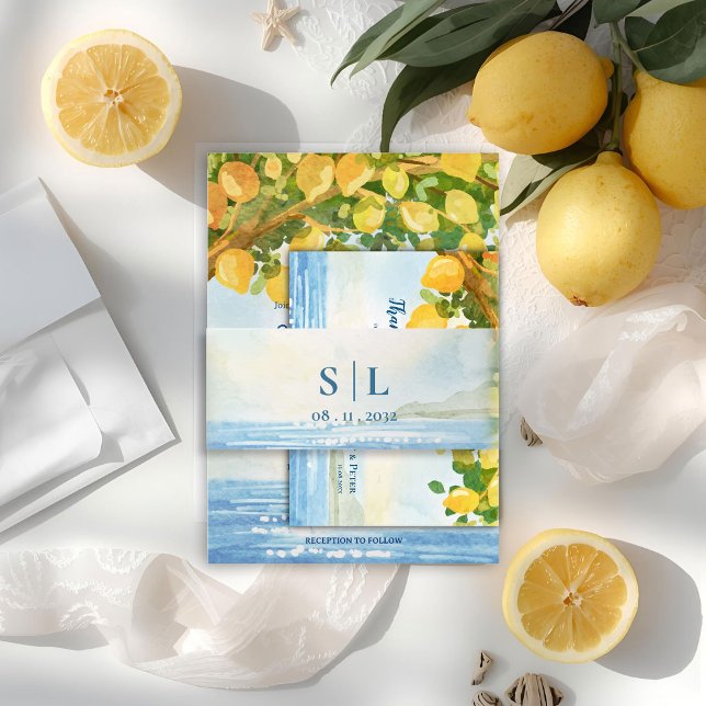 Mediterranean Coastal Monogram Wedding Invitation Belly Band (Mediterranean Coastal Monogram Wedding Invitation Belly Band)