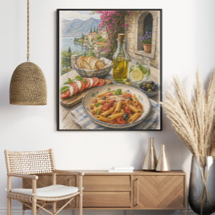 Mediterranean Coastal Pasta Feast Colored Pencil Poster