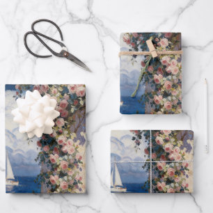 Mediterranean Coastal Rose & Sailboat Wrapping Pap Paper Sheets