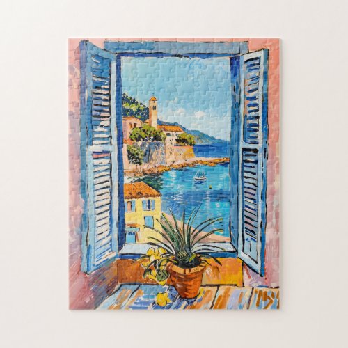 Mediterranean Coastal View Through Open Window Jigsaw Puzzle