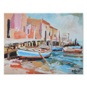 Mediterranean Coastal Village Harbor Impressionist Photo Print